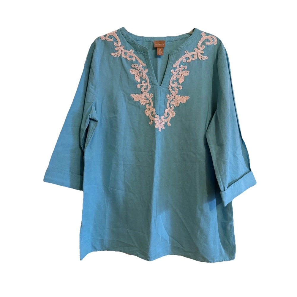 Chico's 2 Womens US Lg Blue Linen‎ Beaded Embellished Split Neck Tunic Top
